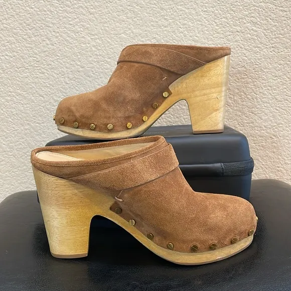 Veronica Beard Dacey Brown Suede Clogs with Wooden Heel Size 8