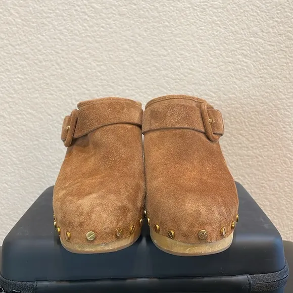 Veronica Beard Dacey Brown Suede Clogs with Wooden Heel Size 8