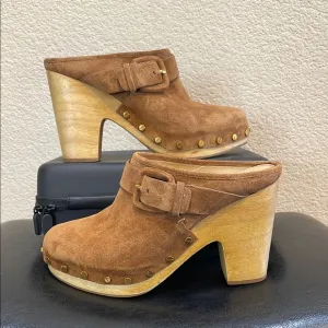 Veronica Beard Dacey Brown Suede Clogs with Wooden Heel Size 8