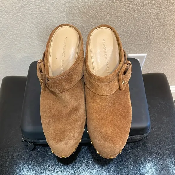 Veronica Beard Dacey Brown Suede Clogs with Wooden Heel Size 8