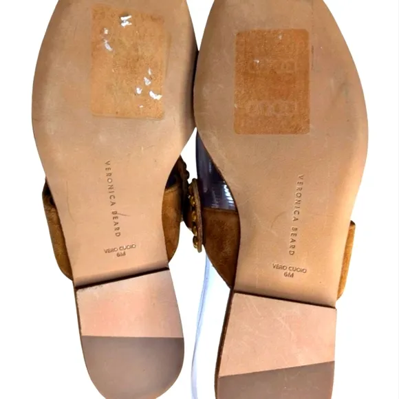 Veronica Beard Minari Hazelwood Suede&amp; Brass T-Strap Sandals....Size 6