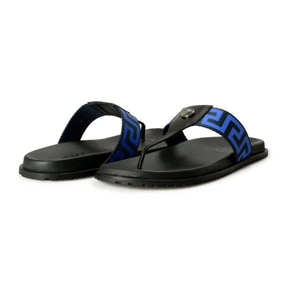 Versace Men's &quot;Greca&quot; Canvas &amp; Leather Pool Slide Flip Flops Shoes US 12 IT 45