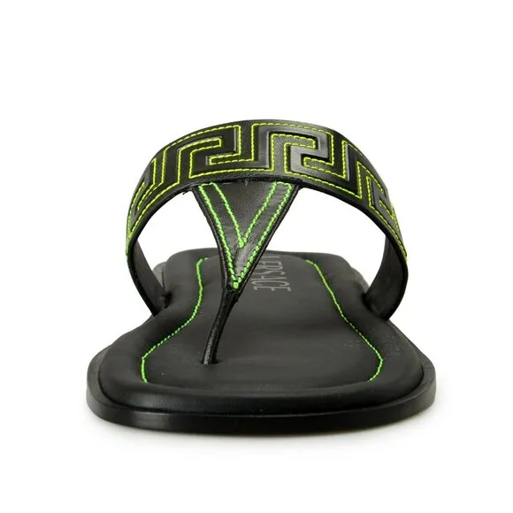 Versace Men's Black &amp; Green Leather Pool Slide Flip Flops Shoes US 14 IT 47