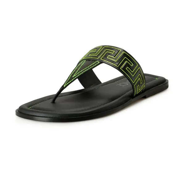 Versace Men's Black &amp; Green Leather Pool Slide Flip Flops Shoes US 14 IT 47