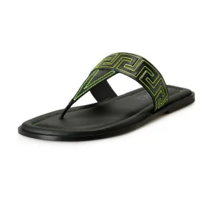 Versace Men's Black &amp; Green Leather Pool Slide Flip Flops Shoes US 14 IT 47