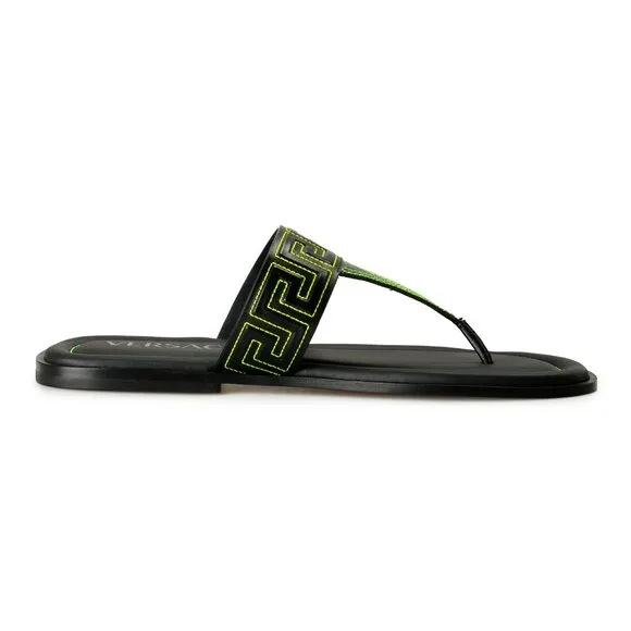 Versace Men's Black &amp; Green Leather Pool Slide Flip Flops Shoes US 9.5 IT 42.5