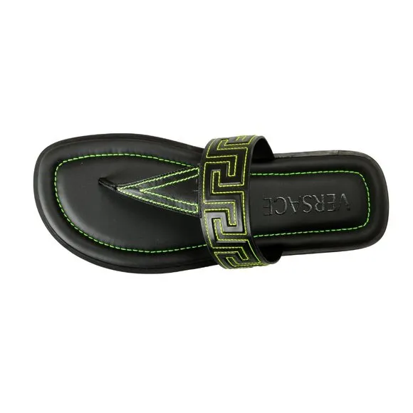 Versace Men's Black &amp; Green Leather Pool Slide Flip Flops Shoes US 9.5 IT 42.5