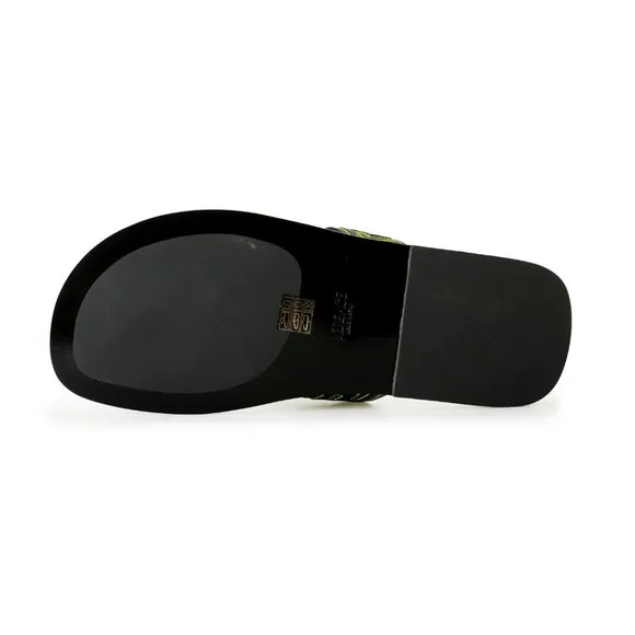 Versace Men's Black &amp; Green Leather Pool Slide Flip Flops Shoes US 9.5 IT 42.5