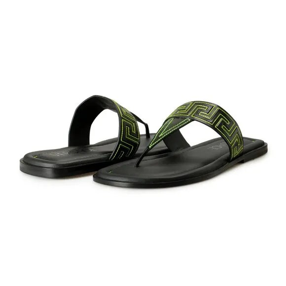 Versace Men's Black &amp; Green Leather Pool Slide Flip Flops Shoes US 9.5 IT 42.5