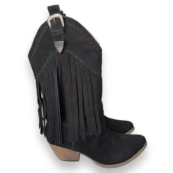 Very Volatile Hillside Fringe Western Cowboy Boots Black Suede Women's 7.5