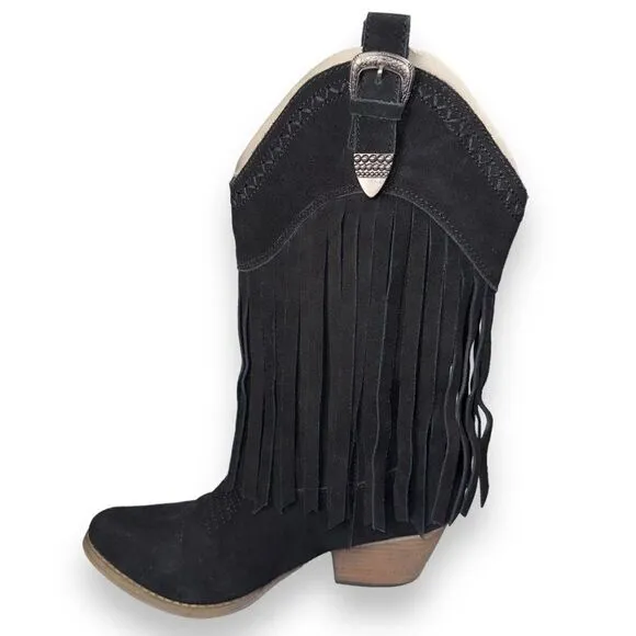 Very Volatile Hillside Fringe Western Cowboy Boots Black Suede Women's 7.5
