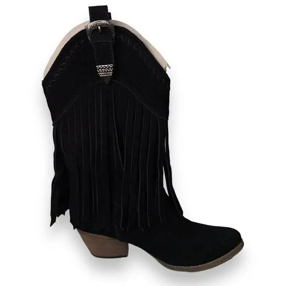 Very Volatile Hillside Fringe Western Cowboy Boots Black Suede Women's 7.5