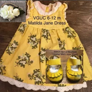 VGUC 6-12 m Matilda Jane Dress, NWOT Sz 1-2 Leather Shoes &amp; EUC Headband Outfit