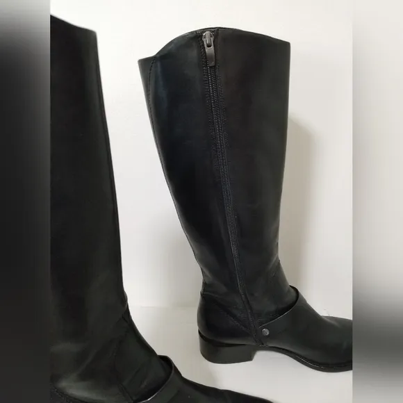 Via Spiga Black Leather Riding Boots Chunky Heel Zip Up Size 8.5M