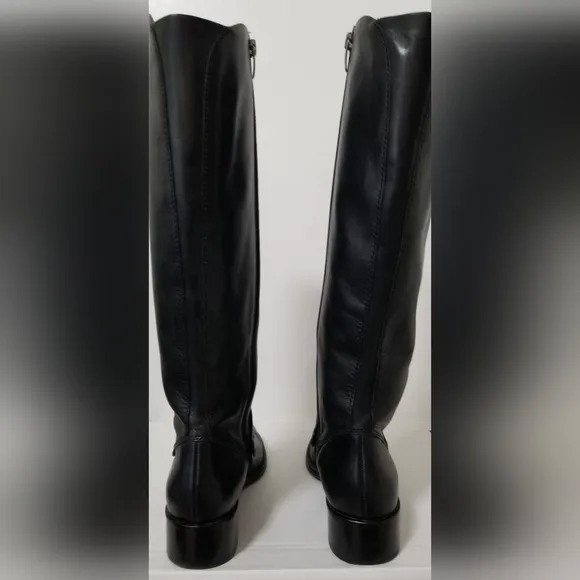 Via Spiga Black Leather Riding Boots Chunky Heel Zip Up Size 8.5M