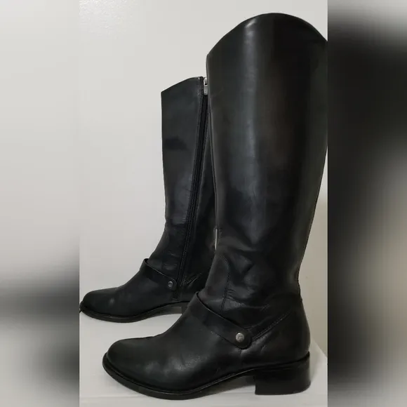Via Spiga Black Leather Riding Boots Chunky Heel Zip Up Size 8.5M