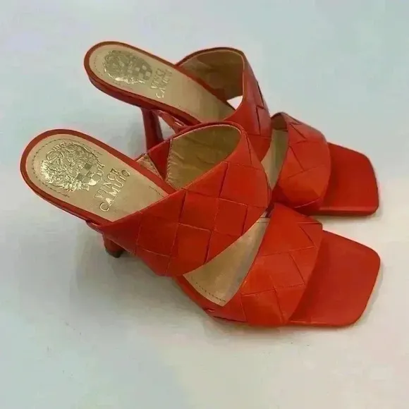 VINCE Camuto braided strappy slip ons in deep red/orange. Leather upper …