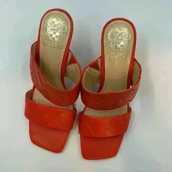VINCE Camuto braided strappy slip ons in deep red/orange. Leather upper …