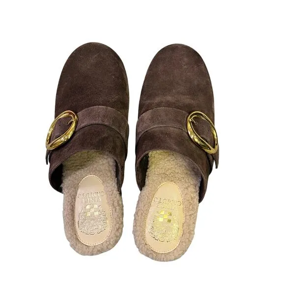 Vince Camuto Canzenee Brown Suede Leather Clogs, Women’s 7.5 Comfort Gold/Sherpa