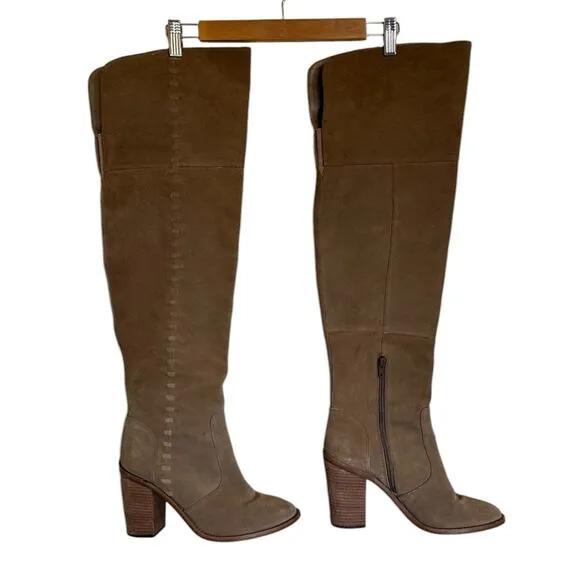 Vince Camuto Morra Over The Knee Boots 10 Women Khaki Tan Chic Suede Whipstitch
