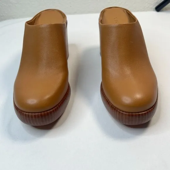Vince Navina Clogs Brow Leather Tan Brown Heeled Mules Wood Platform 8