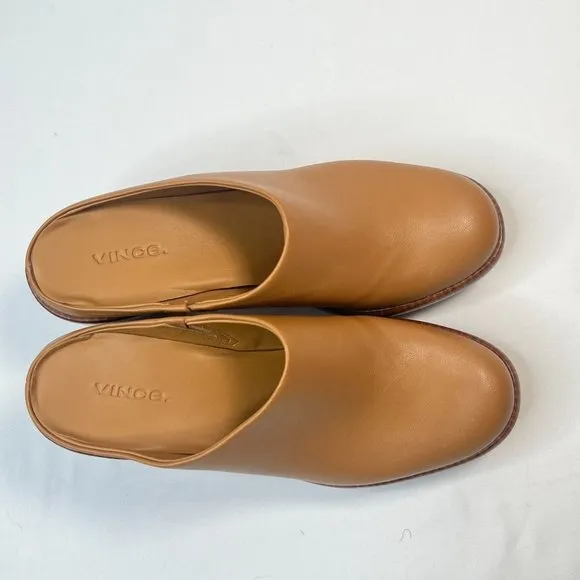 Vince Navina Clogs Brow Leather Tan Brown Heeled Mules Wood Platform 8