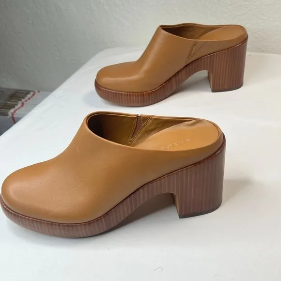 Vince Navina Clogs Brow Leather Tan Brown Heeled Mules Wood Platform 8