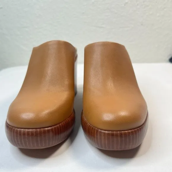 Vince Navina Clogs Brow Leather Tan Brown Heeled Mules Wood Platform 8