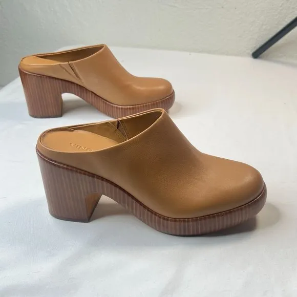 Vince Navina Clogs Brow Leather Tan Brown Heeled Mules Wood Platform 8