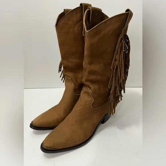 Vintage Code West Tan Brown Suede Fringe Western Cowboy Boot Brazil Women Size 7