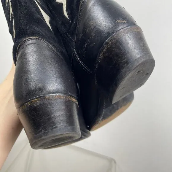 Vintage Dan Post Men’s Black White Tooled Suede Leather Cowboy Boots 6.5 M