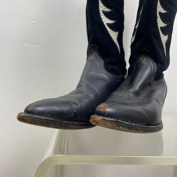 Vintage Dan Post Men’s Black White Tooled Suede Leather Cowboy Boots 6.5 M