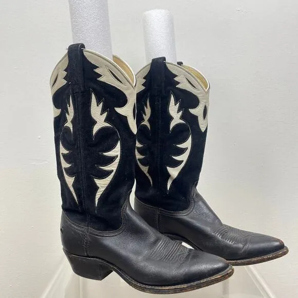 Vintage Dan Post Men’s Black White Tooled Suede Leather Cowboy Boots 6.5 M