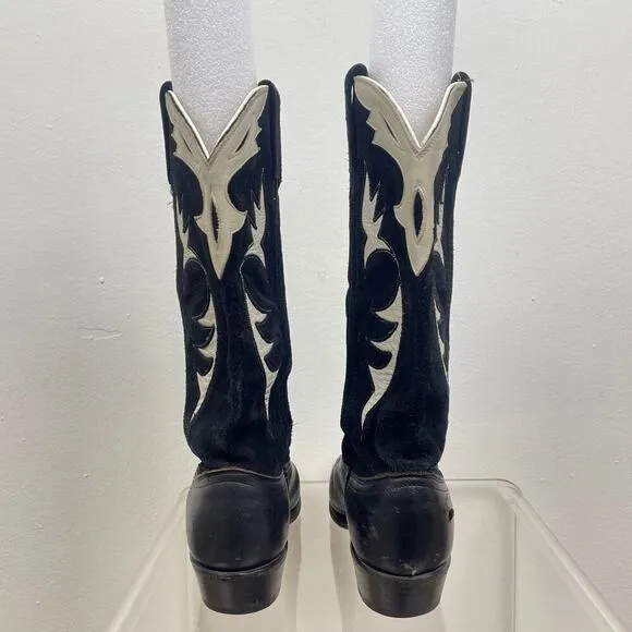 Vintage Dan Post Men’s Black White Tooled Suede Leather Cowboy Boots 6.5 M