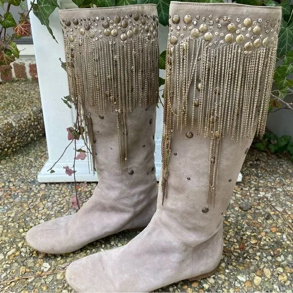 Vintage L’Autre Chose beaded chain tassel trim suede boots 37