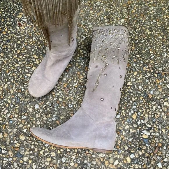 Vintage L’Autre Chose beaded chain tassel trim suede boots 37