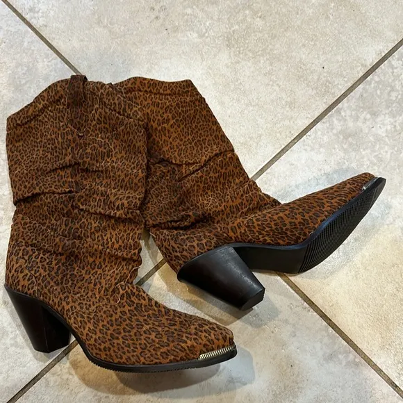 Vintage Leopard Suede Slouch Cowboy Boots 7.5