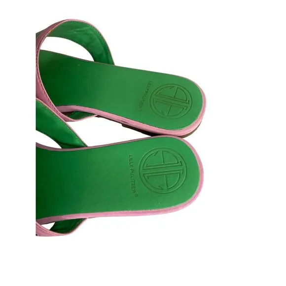 Vintage Lilly Pulitzer Pink &amp; Green Leather Thong Sandals With Gold Detail 7.5