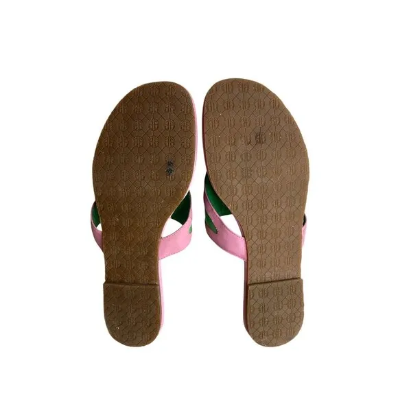Vintage Lilly Pulitzer Pink &amp; Green Leather Thong Sandals With Gold Detail 7.5