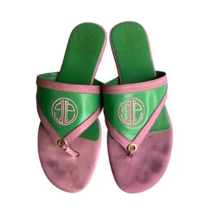 Vintage Lilly Pulitzer Pink &amp; Green Leather Thong Sandals With Gold Detail 7.5