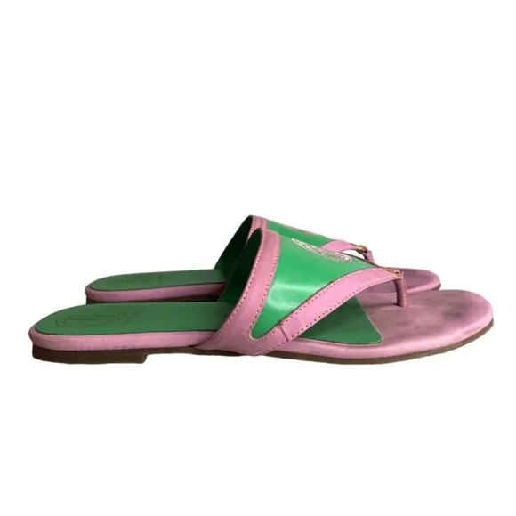 Vintage Lilly Pulitzer Pink &amp; Green Leather Thong Sandals With Gold Detail 7.5