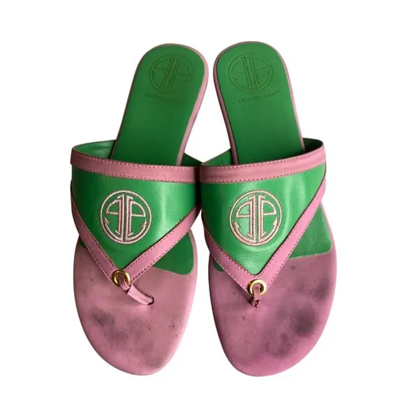 Vintage Lilly Pulitzer Pink &amp; Green Leather Thong Sandals With Gold Detail 7.5