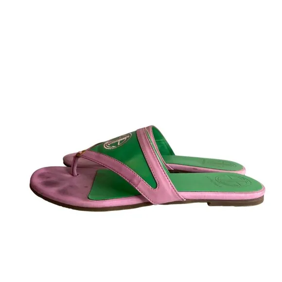 Vintage Lilly Pulitzer Pink &amp; Green Leather Thong Sandals With Gold Detail 7.5