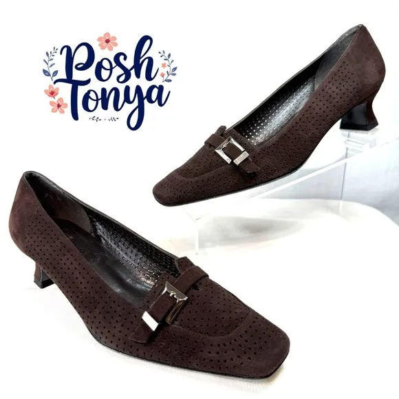 Vintage Stuart Weitzman Suede Square Toe Kitten Heels, Perforated Leather,Sz 7.5