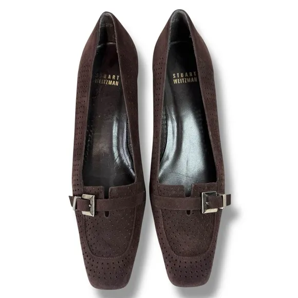 Vintage Stuart Weitzman Suede Square Toe Kitten Heels, Perforated Leather,Sz 7.5