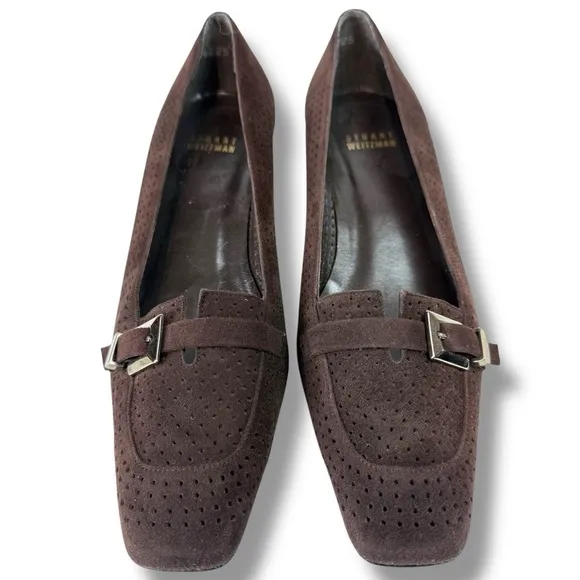 Vintage Stuart Weitzman Suede Square Toe Kitten Heels, Perforated Leather,Sz 7.5