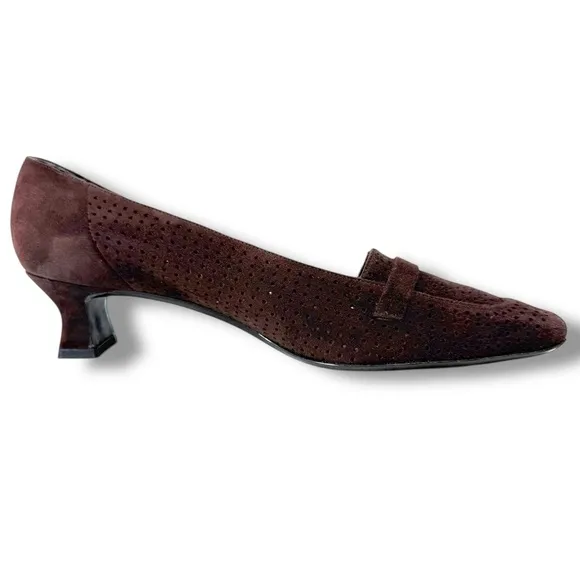 Vintage Stuart Weitzman Suede Square Toe Kitten Heels, Perforated Leather,Sz 7.5