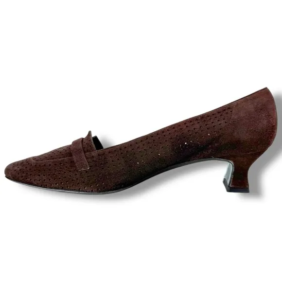 Vintage Stuart Weitzman Suede Square Toe Kitten Heels, Perforated Leather,Sz 7.5