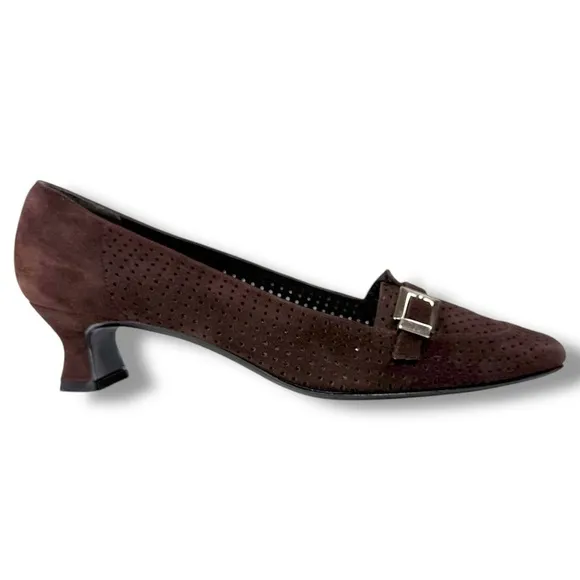 Vintage Stuart Weitzman Suede Square Toe Kitten Heels, Perforated Leather,Sz 7.5