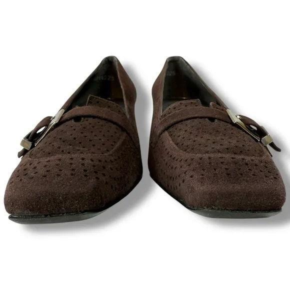 Vintage Stuart Weitzman Suede Square Toe Kitten Heels, Perforated Leather,Sz 7.5